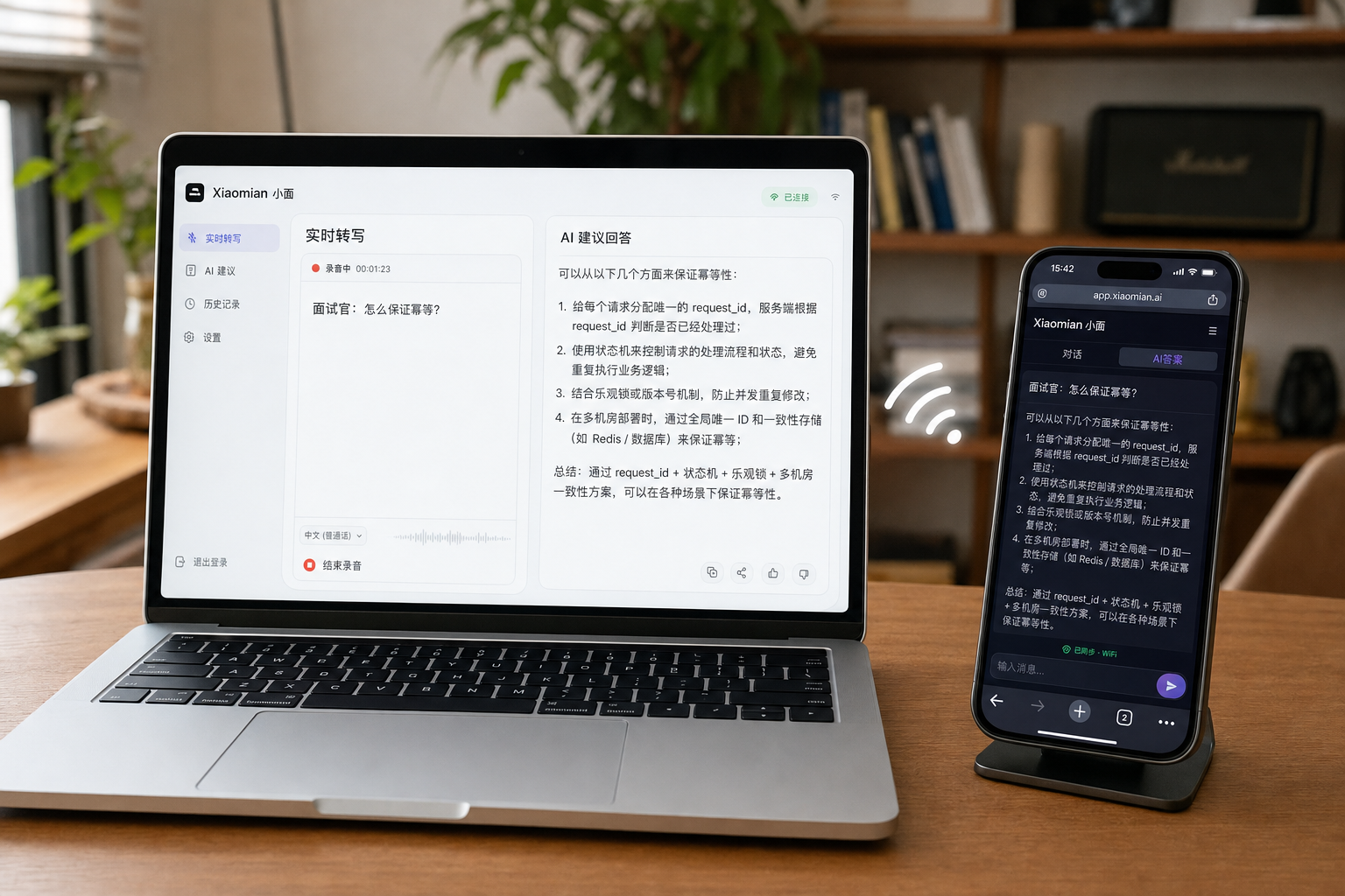 同一 WiFi 下：电脑端小面生成答案，手机浏览器实时同步查看